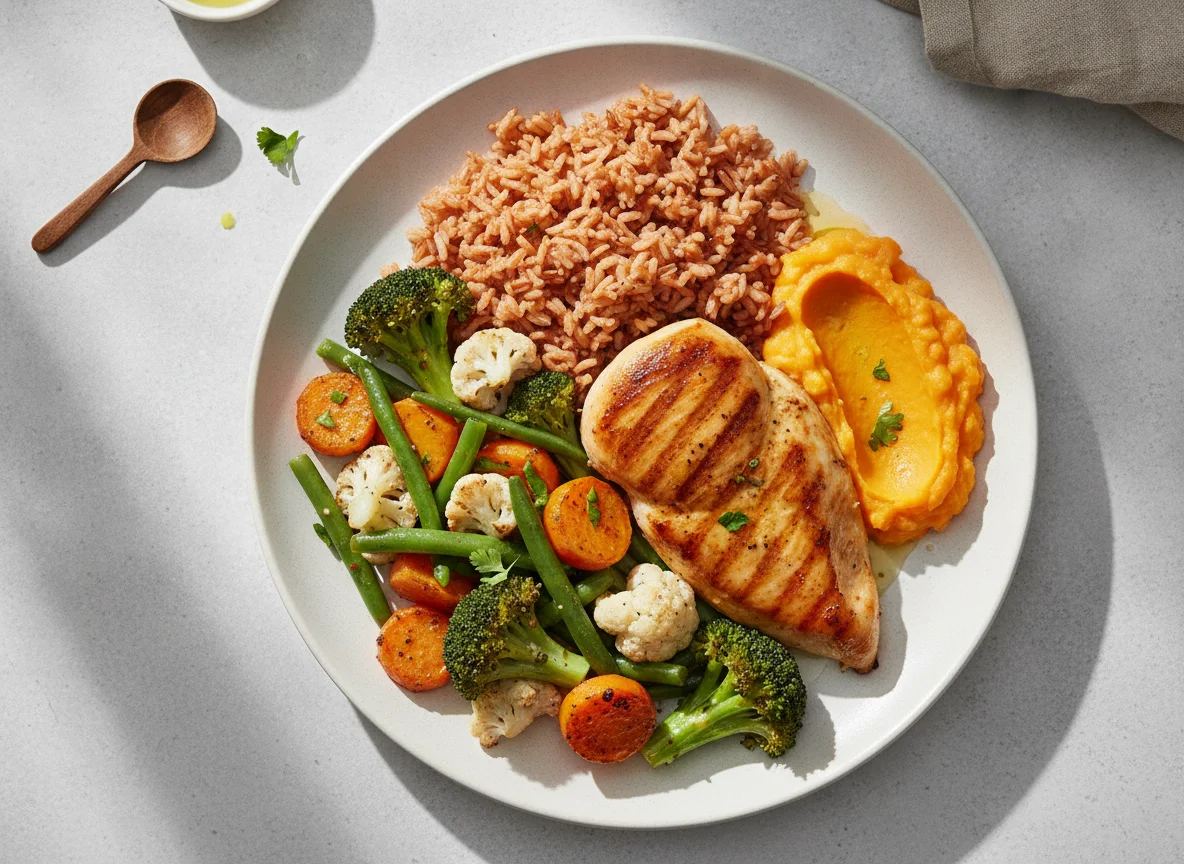 Grilled chicken with red rice and mixed vegetables photo