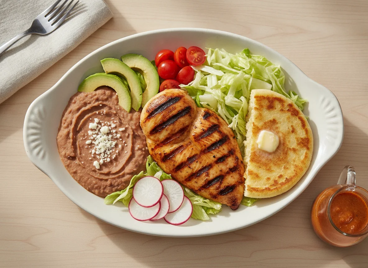 Grilled Chicken with Refried Beans and Arepa photo