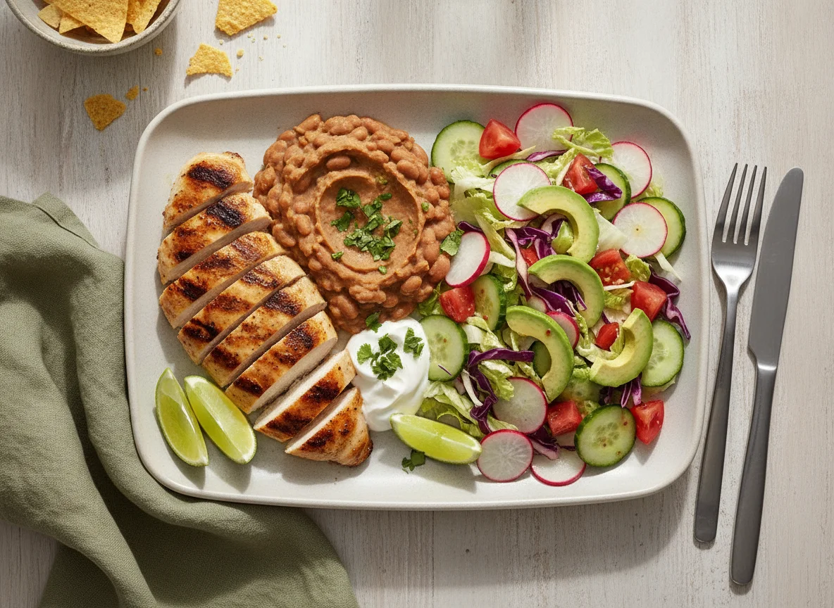 Grilled Chicken with Refried Beans and Garden Salad photo