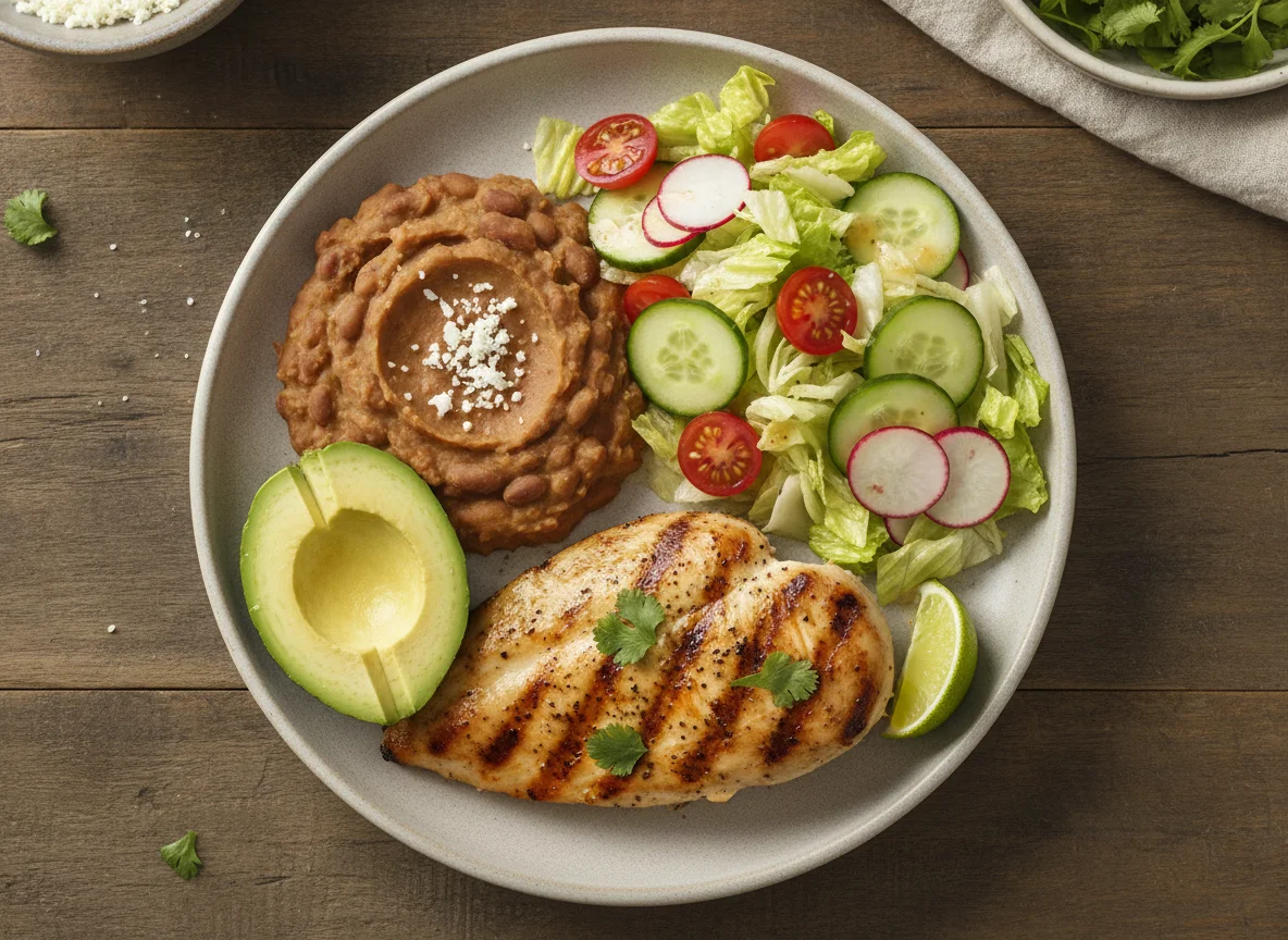 Grilled Chicken with Refried Beans and Salad photo