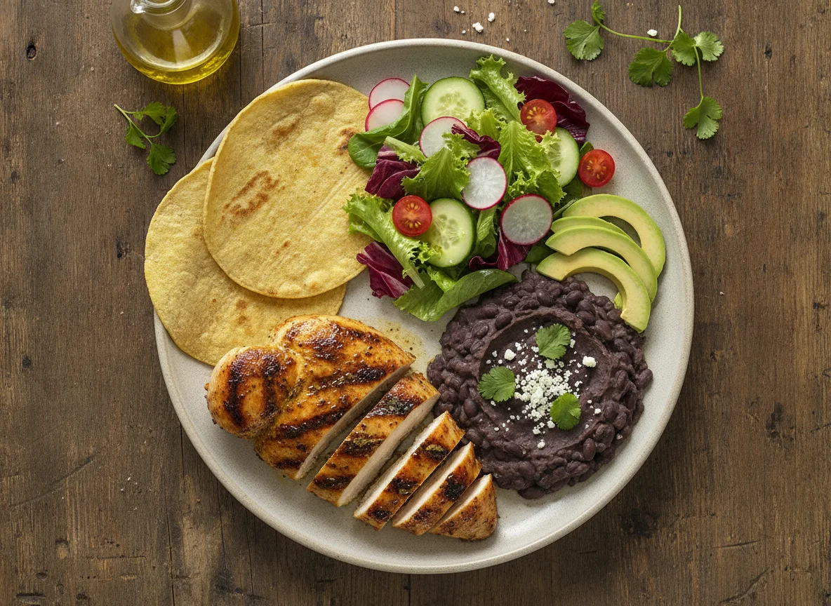 Grilled Chicken with Refried Beans and Tortilla photo