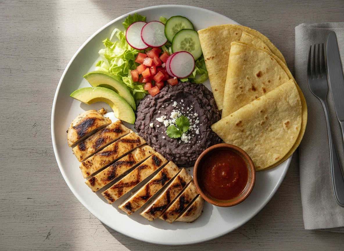 Grilled Chicken with Refried Beans and Tortillas photo