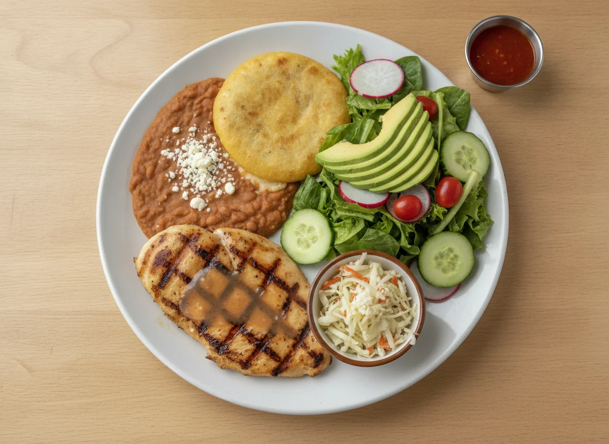 Grilled Chicken with Refried Beans, Pupusa, and Salad photo