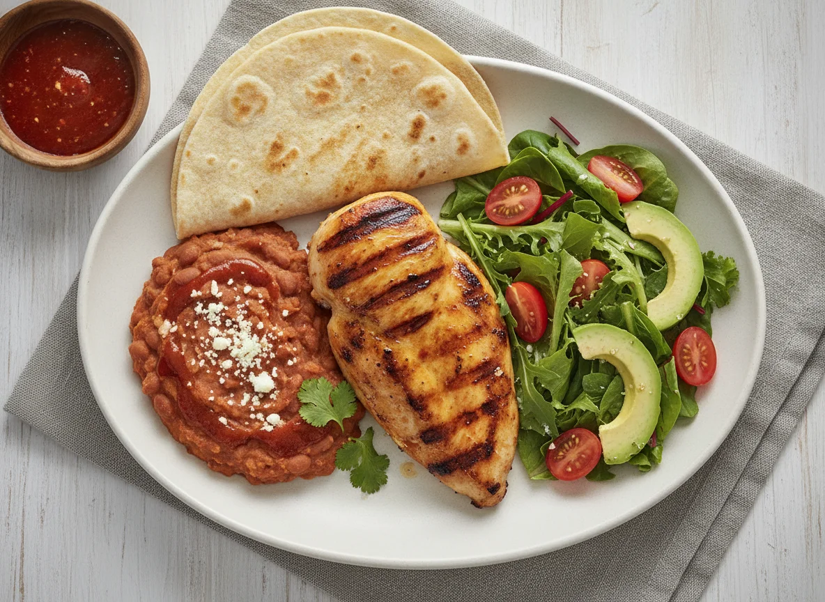 Grilled Chicken with Refried Beans, Salad, and Tortilla photo