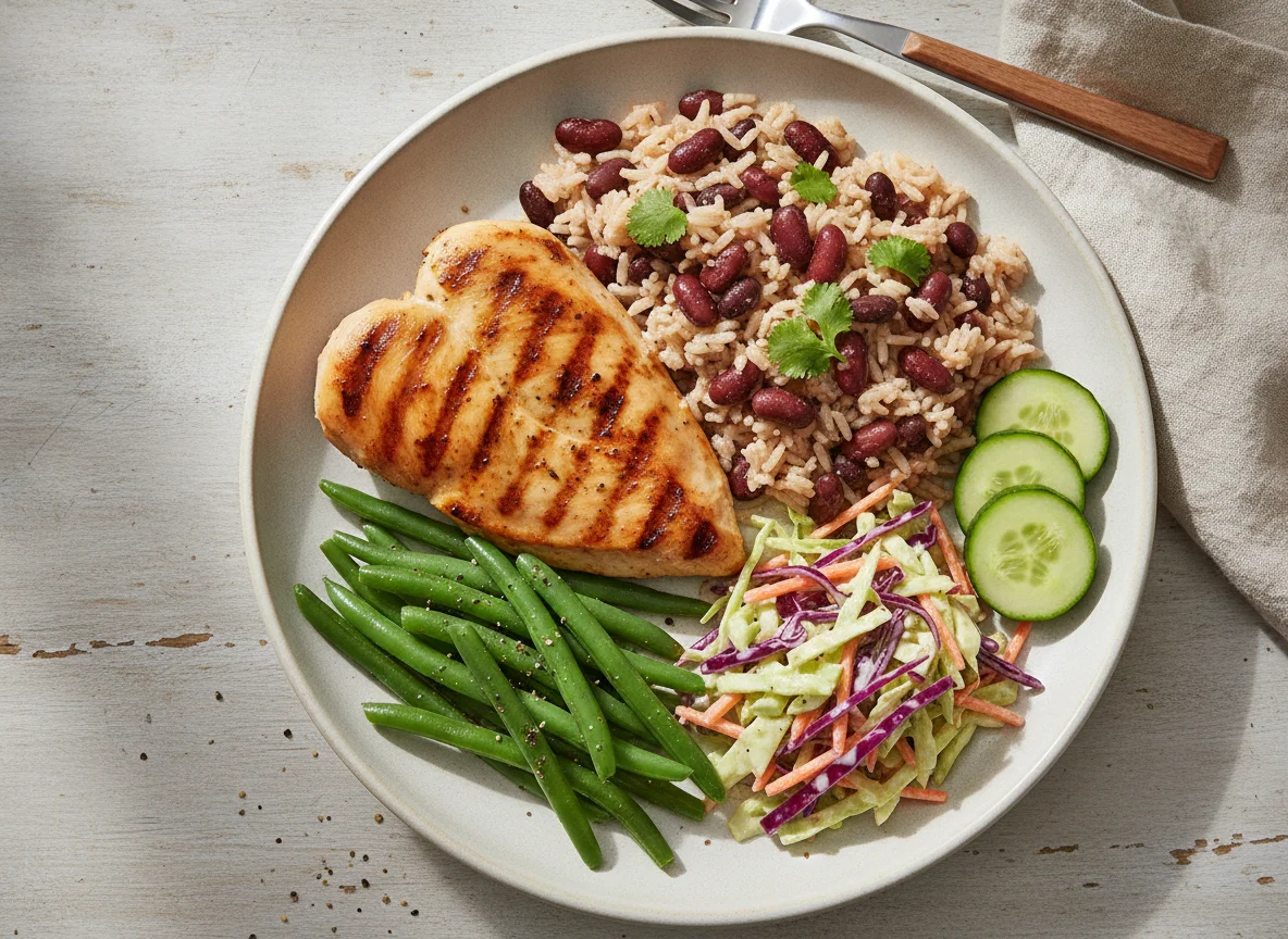 Grilled Chicken with Rice and Beans and Mixed Vegetables photo