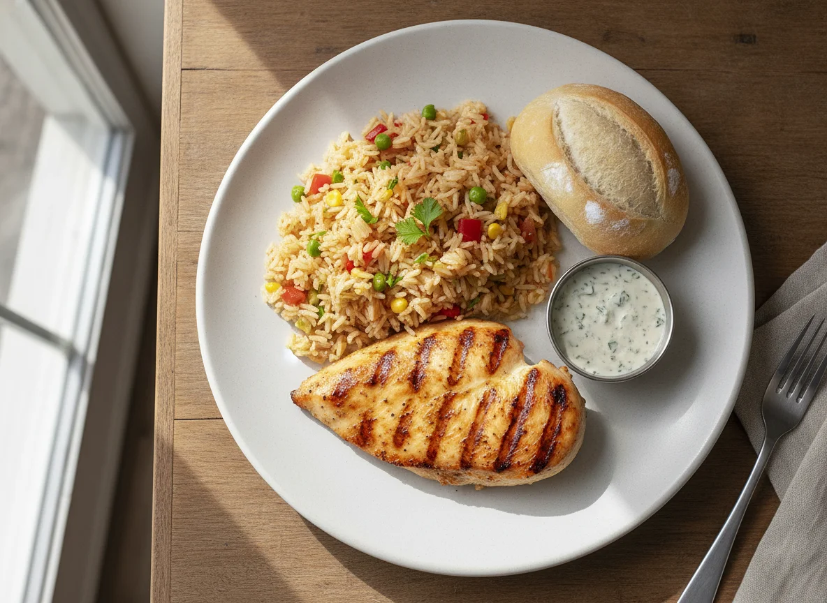 Grilled Chicken with Rice and Bread photo