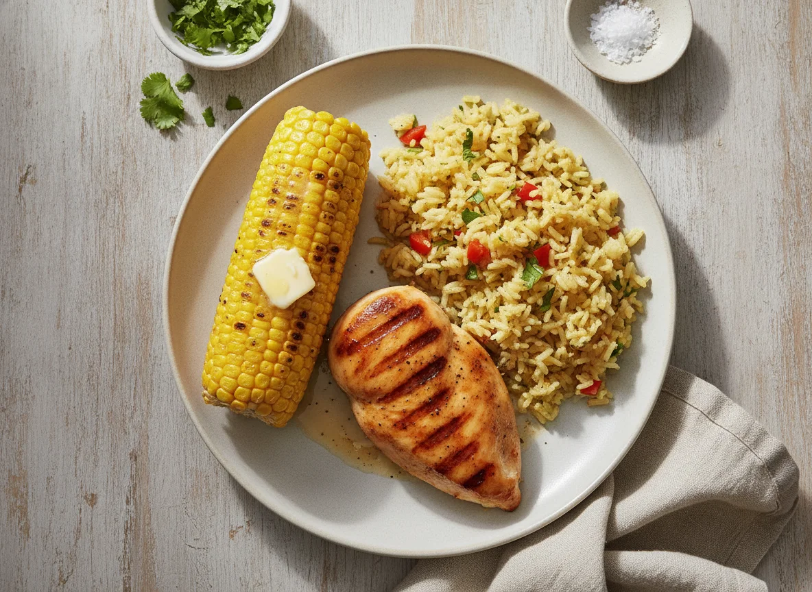 Grilled Chicken with Rice and Corn on the Cob photo