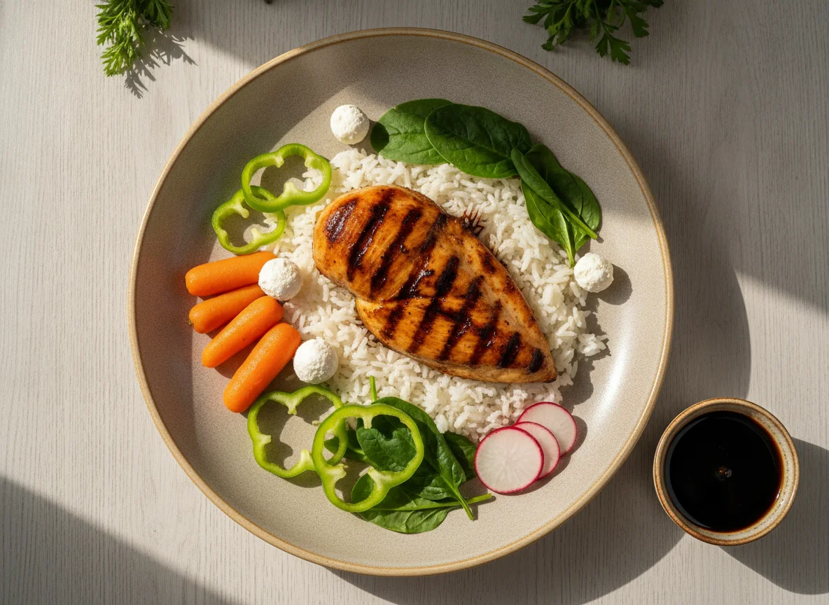 Grilled chicken with rice and fresh vegetables photo
