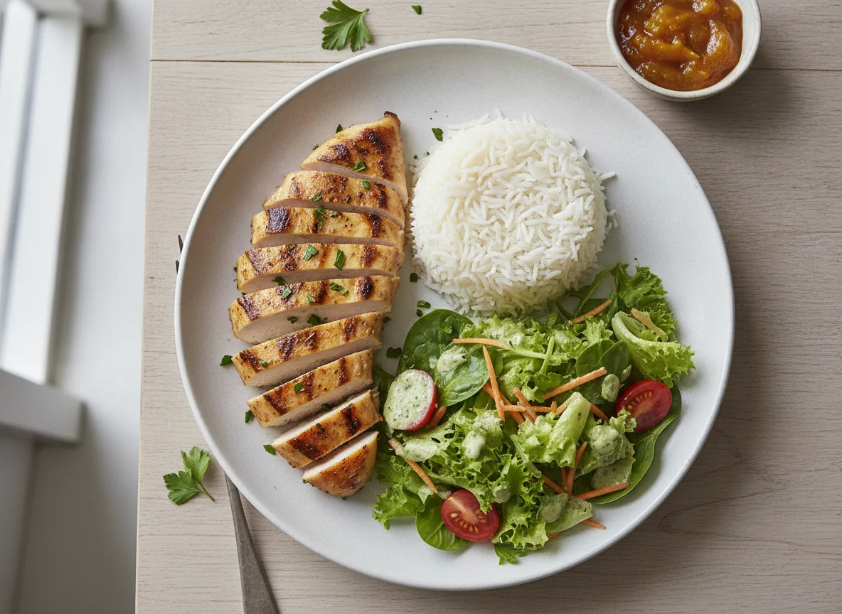 Grilled Chicken with Rice and Mixed Salad photo