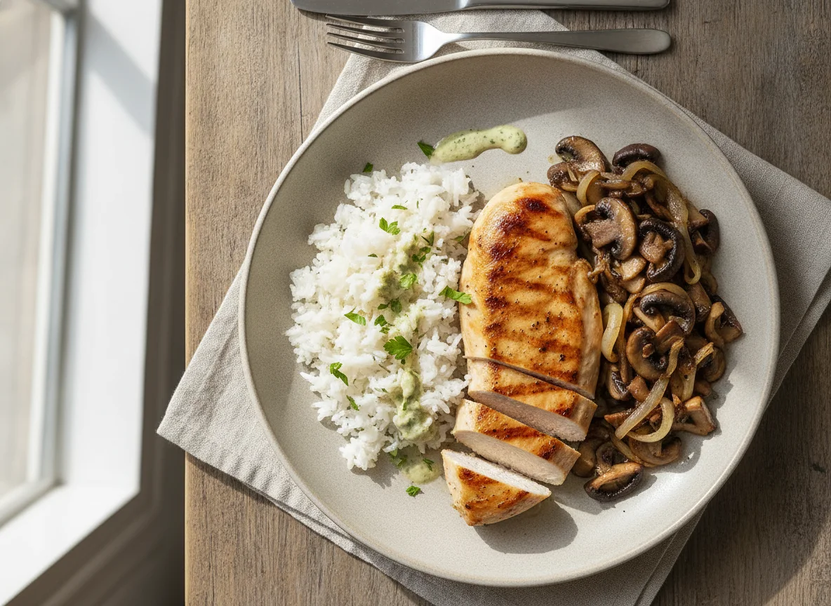 Grilled Chicken with Rice and Mushrooms photo