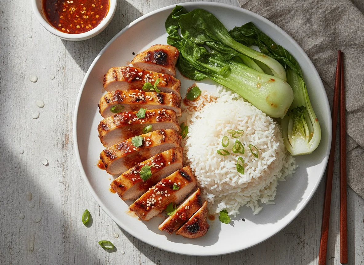 Grilled Chicken with Rice and Pak Choi photo
