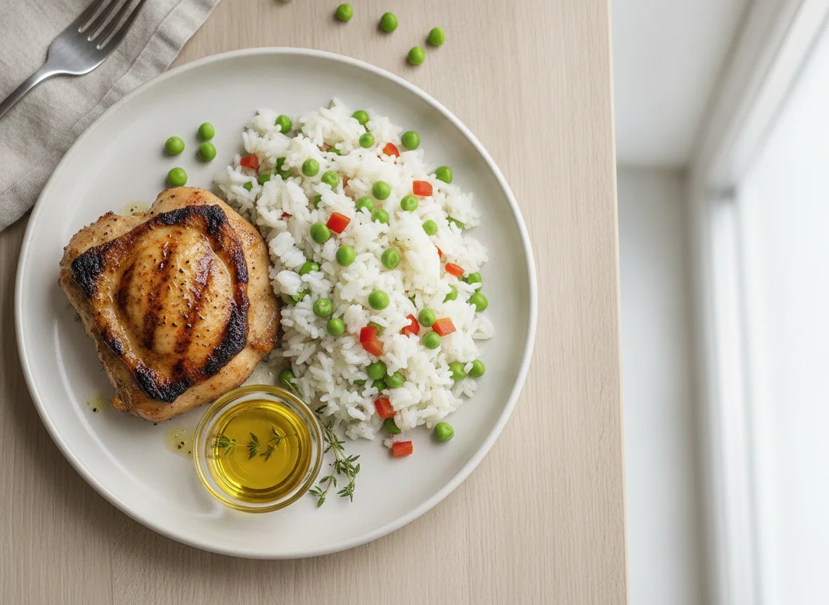Grilled chicken with rice and peas photo