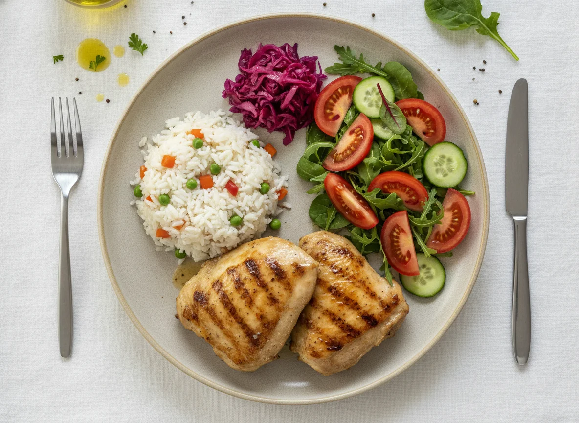 Grilled chicken with rice and salad photo
