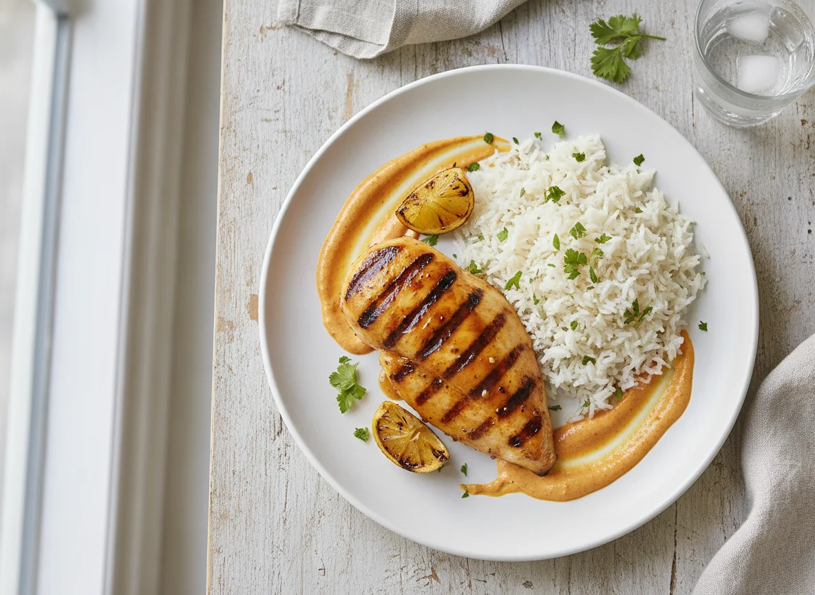Grilled Chicken with Rice and Sauce photo