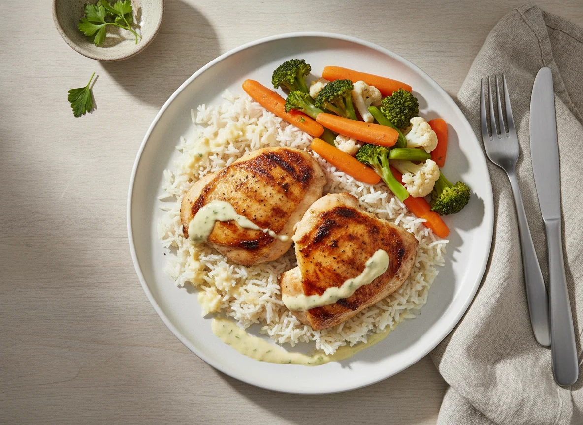 Grilled chicken with rice and steamed vegetables photo