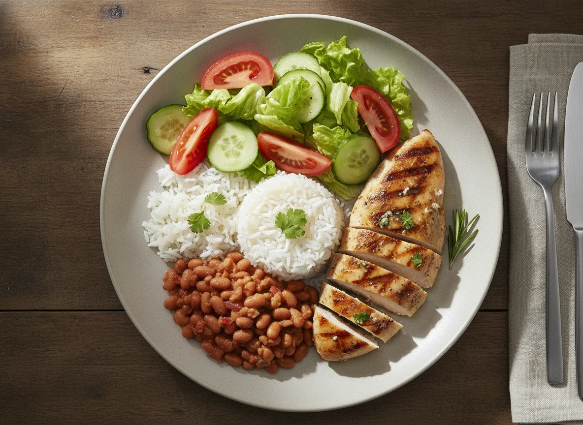 Grilled chicken with rice, beans, and salad photo