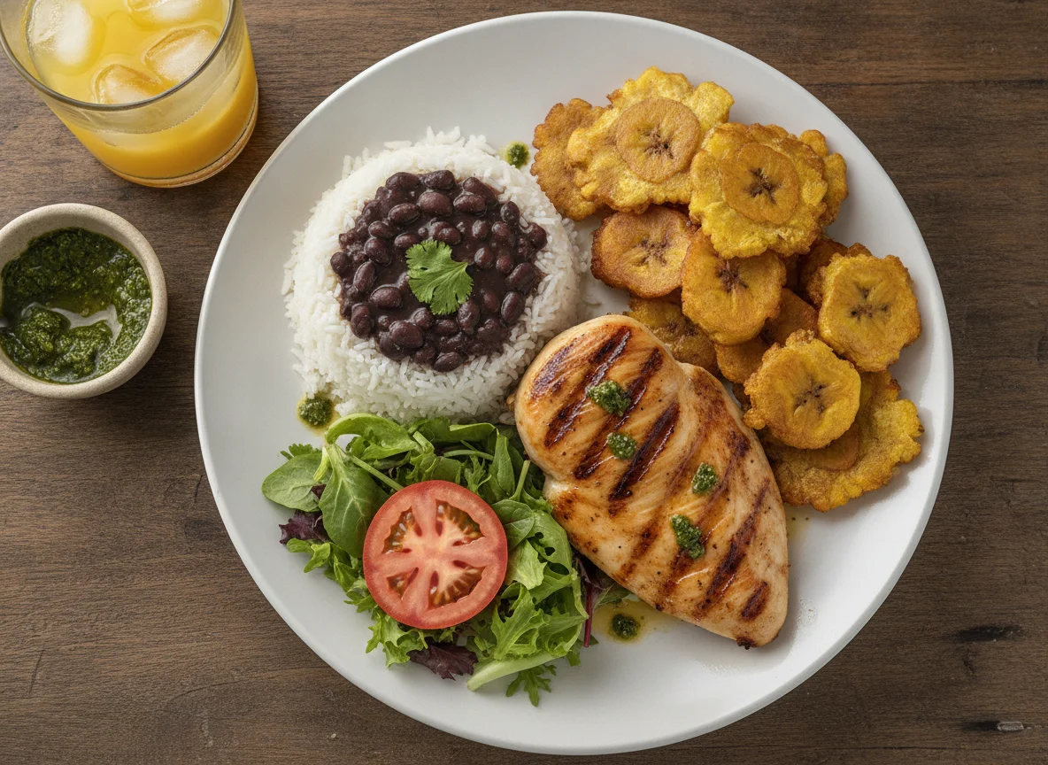 Grilled Chicken with Rice, Beans, and Tostones photo