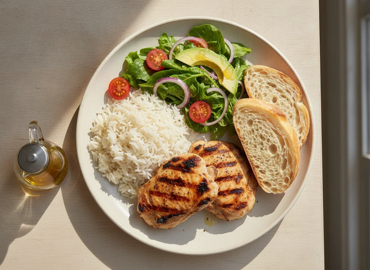 Grilled chicken with rice, salad and bread photo