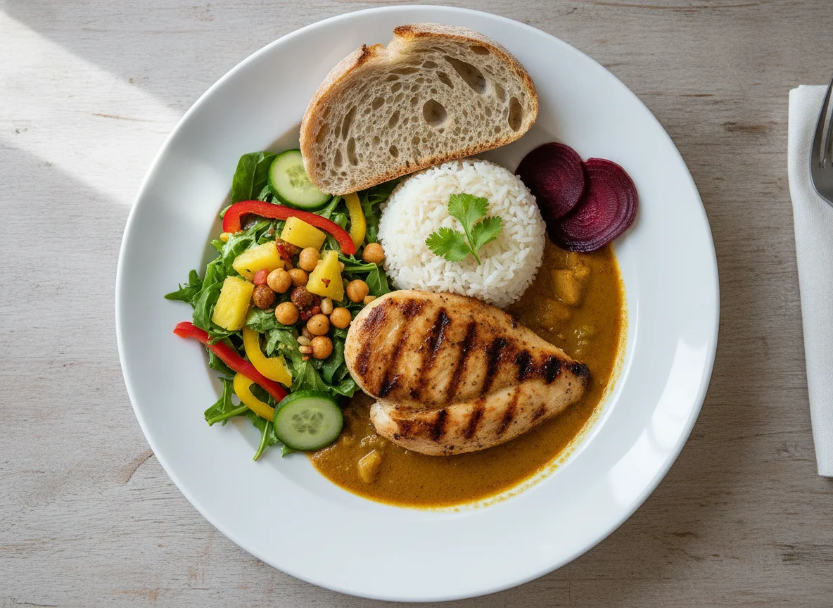 Grilled chicken with rice, salad, and curry sauce photo
