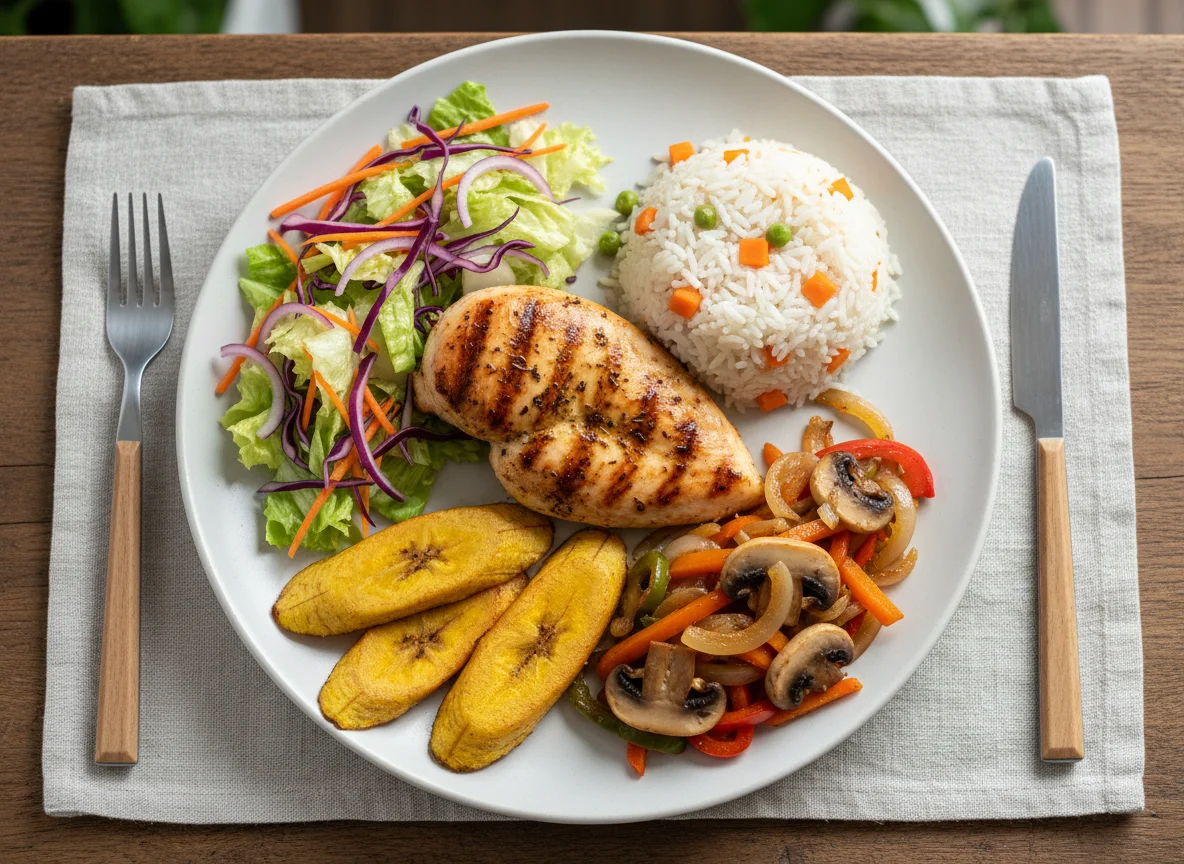 Grilled Chicken with Rice, Salad, and Plantain photo
