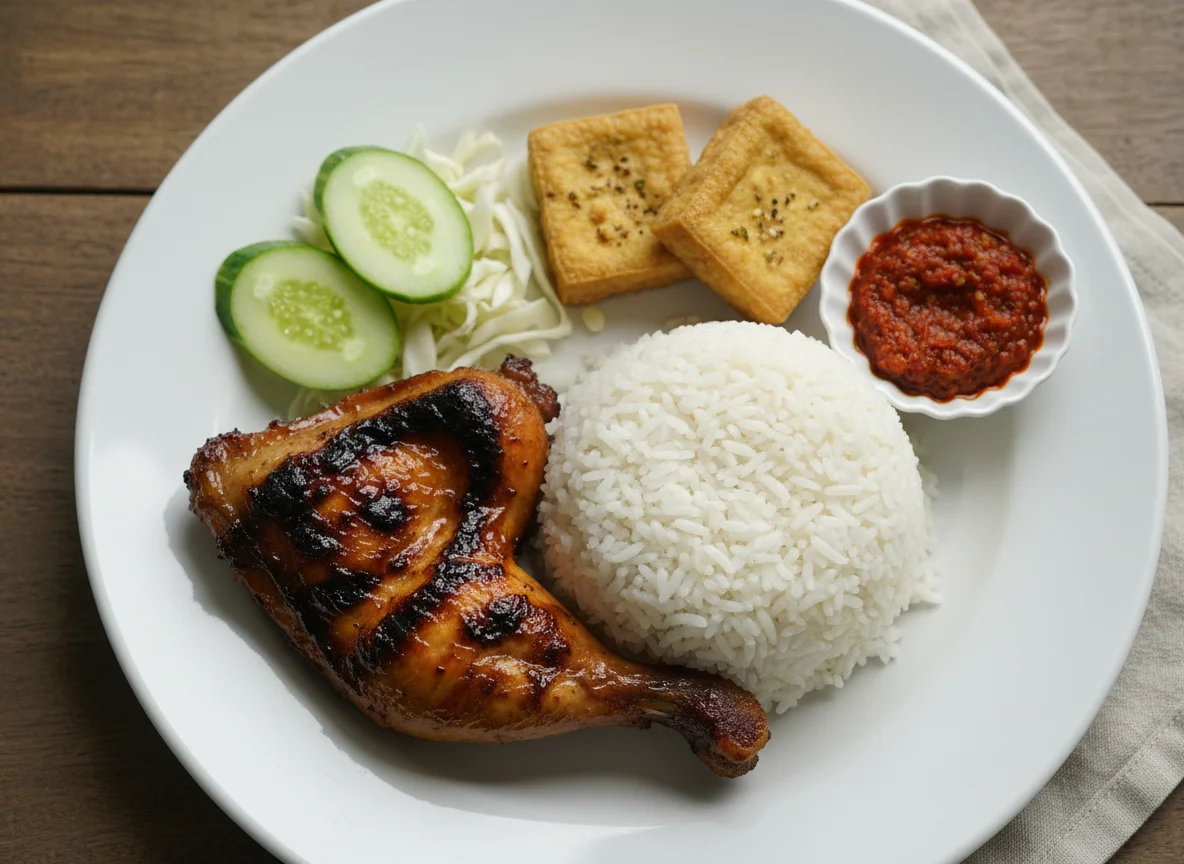 Grilled Chicken with Rice, Tofu, and Sambal photo