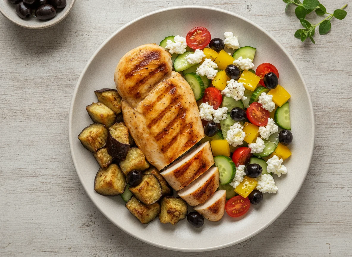 Grilled Chicken with Roasted Eggplant and Mediterranean Salad photo