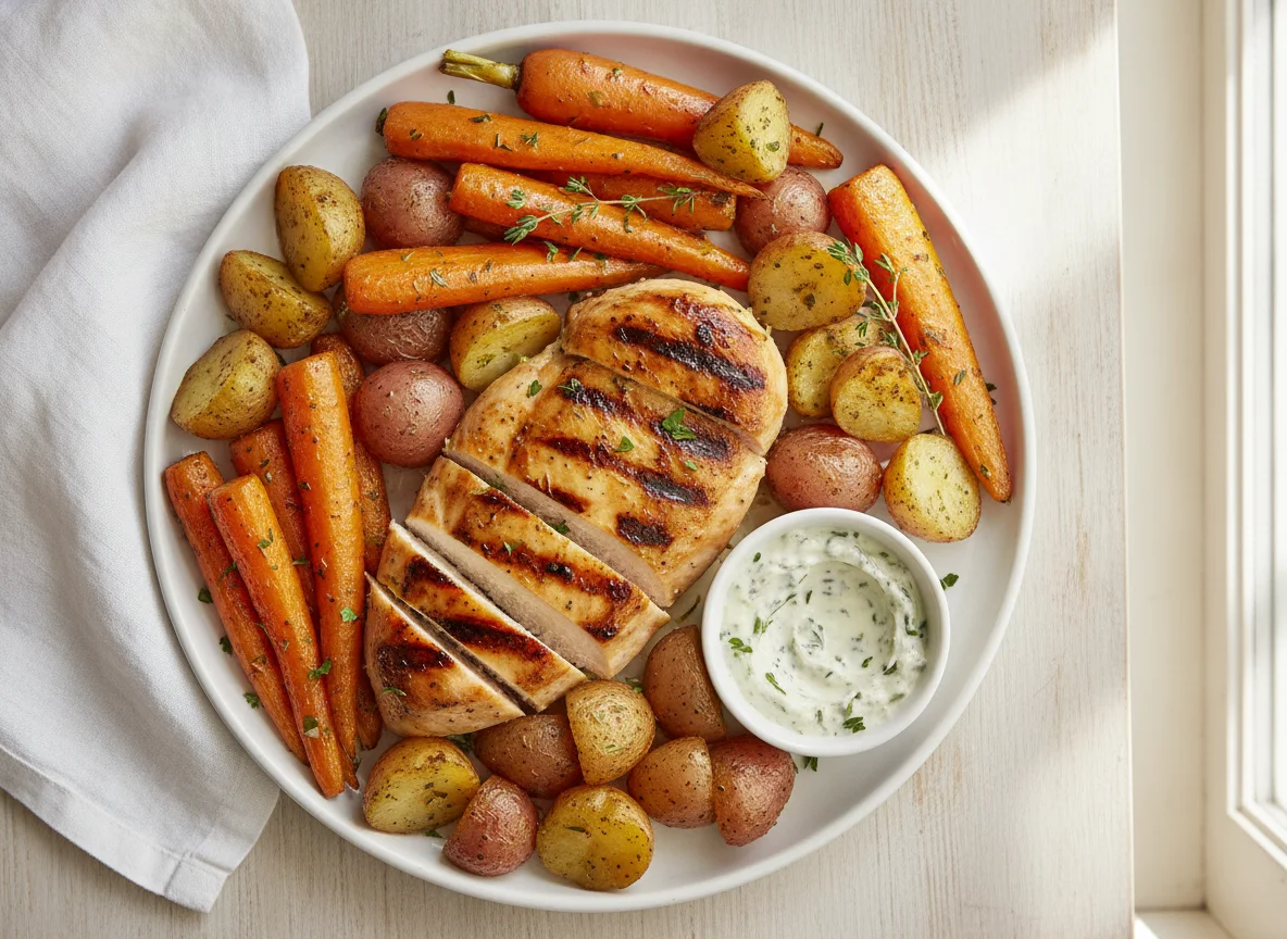 Grilled Chicken with Roasted Potatoes and Carrots photo