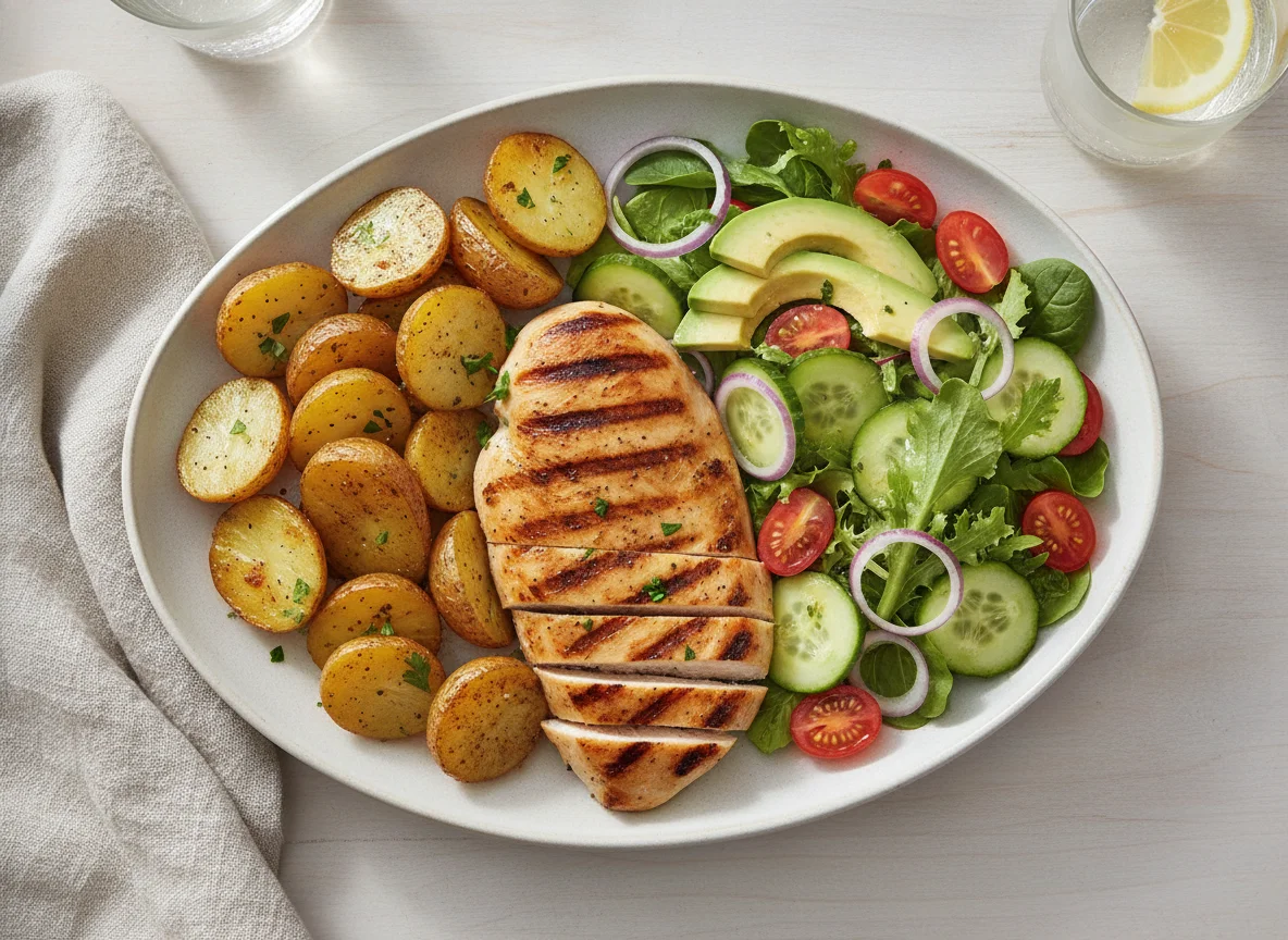 Grilled Chicken with Roasted Potatoes and Garden Salad photo