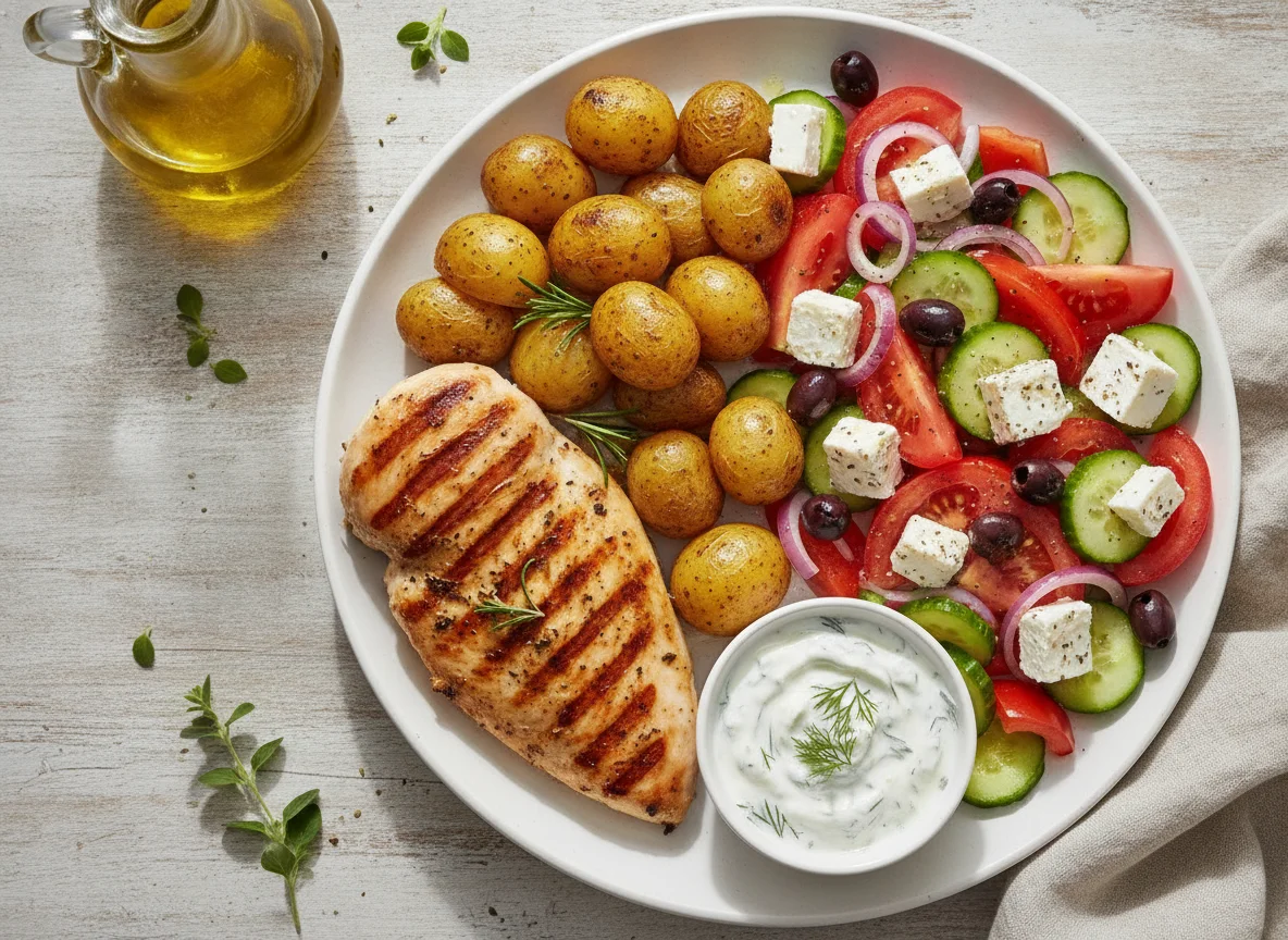 Grilled Chicken with Roasted Potatoes and Greek Salad photo