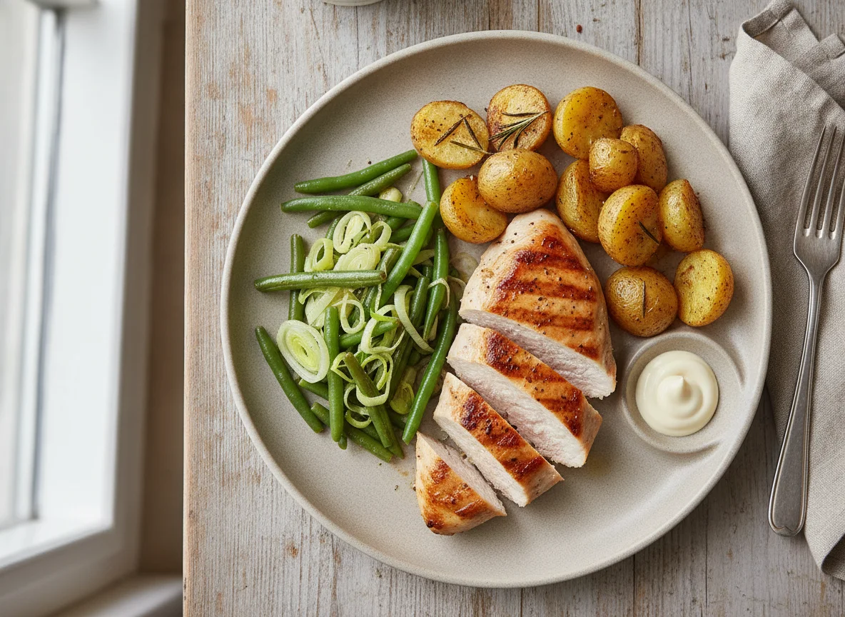 Grilled chicken with roasted potatoes and green vegetables photo