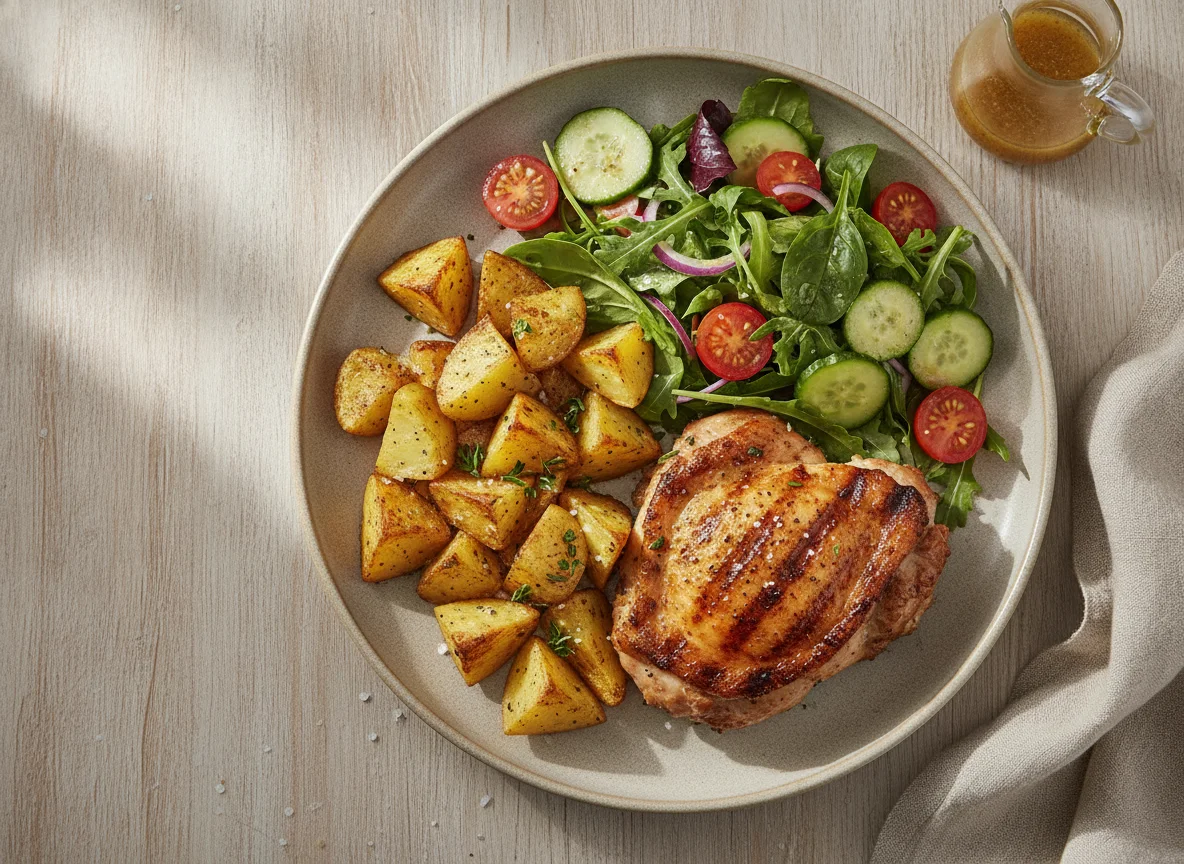 Grilled chicken with roasted potatoes and mixed salad photo