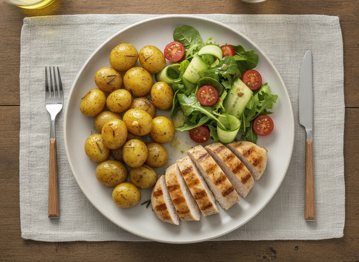 Grilled chicken with roasted potatoes and side salad photo