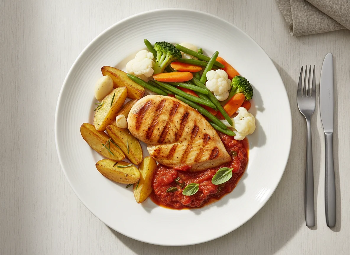 Grilled chicken with roasted potatoes and steamed vegetables photo