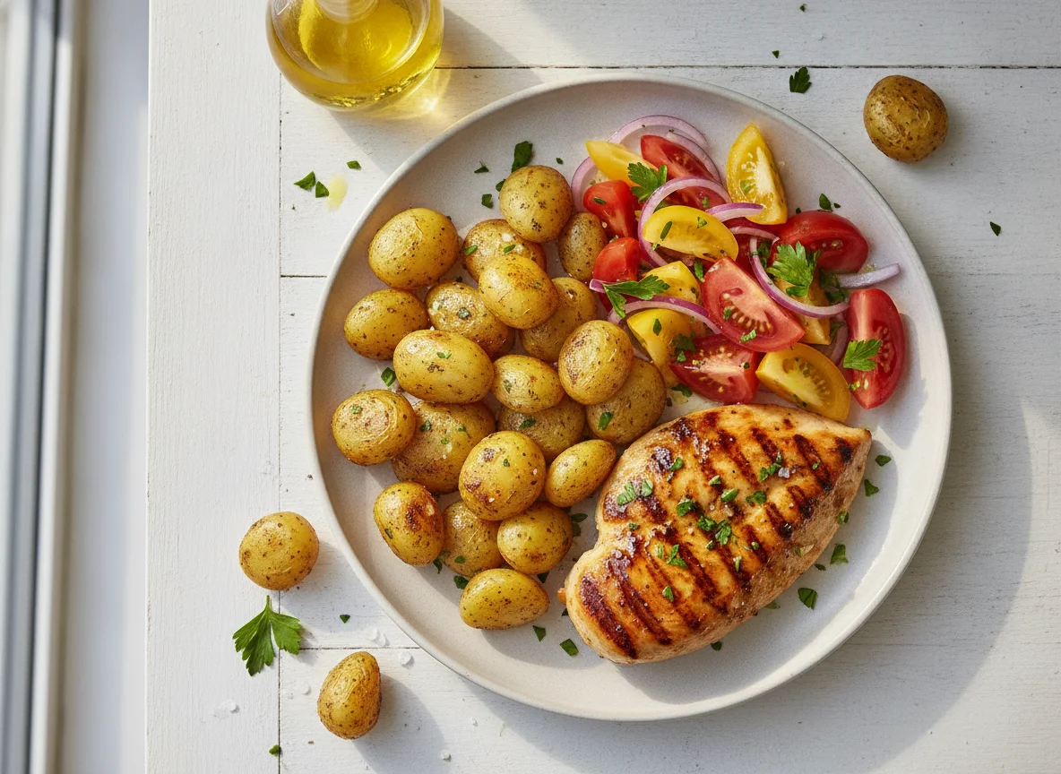 Grilled Chicken with Roasted Potatoes and Tomato Salad photo