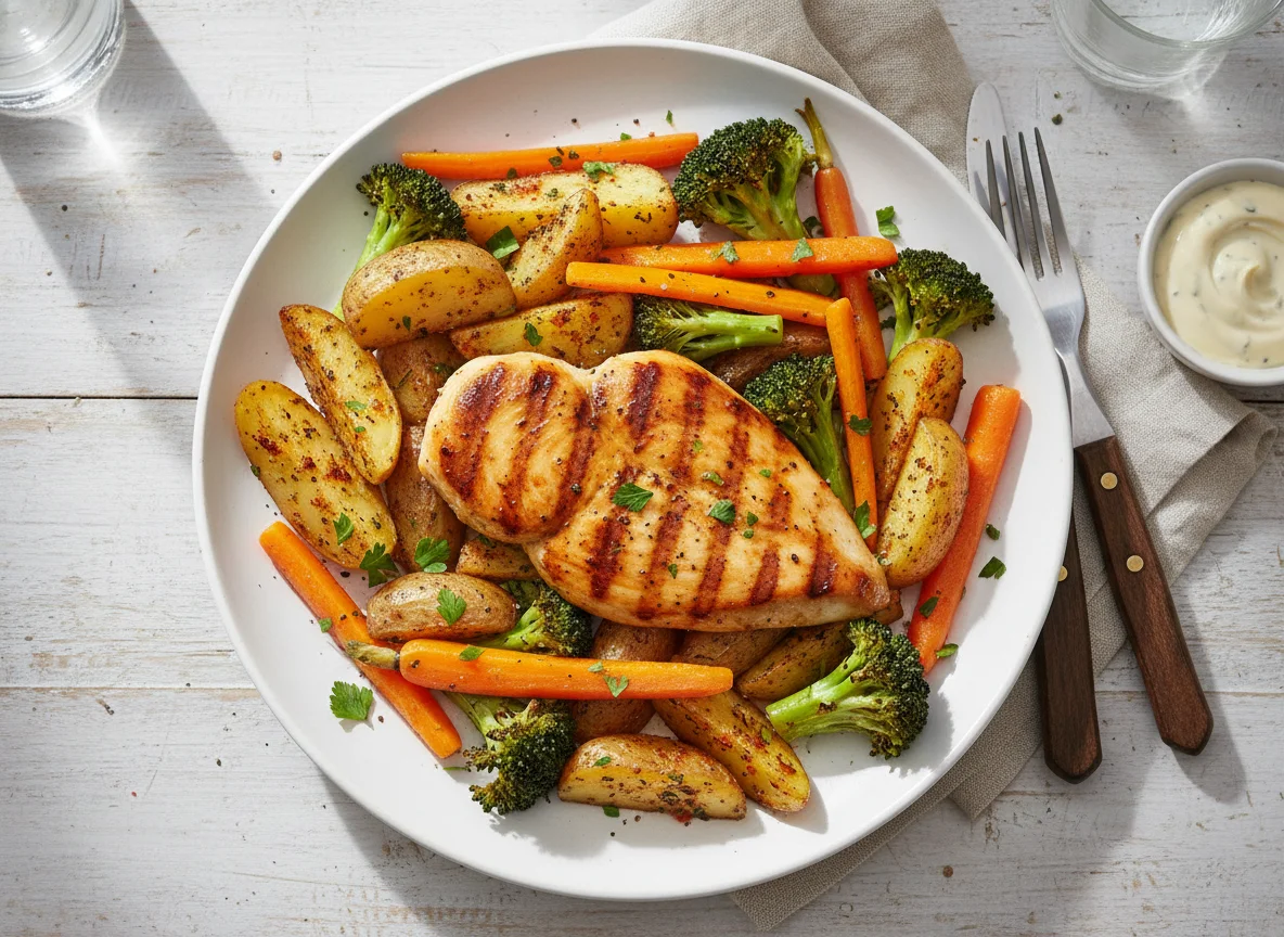 Grilled Chicken with Roasted Potatoes and Vegetables photo
