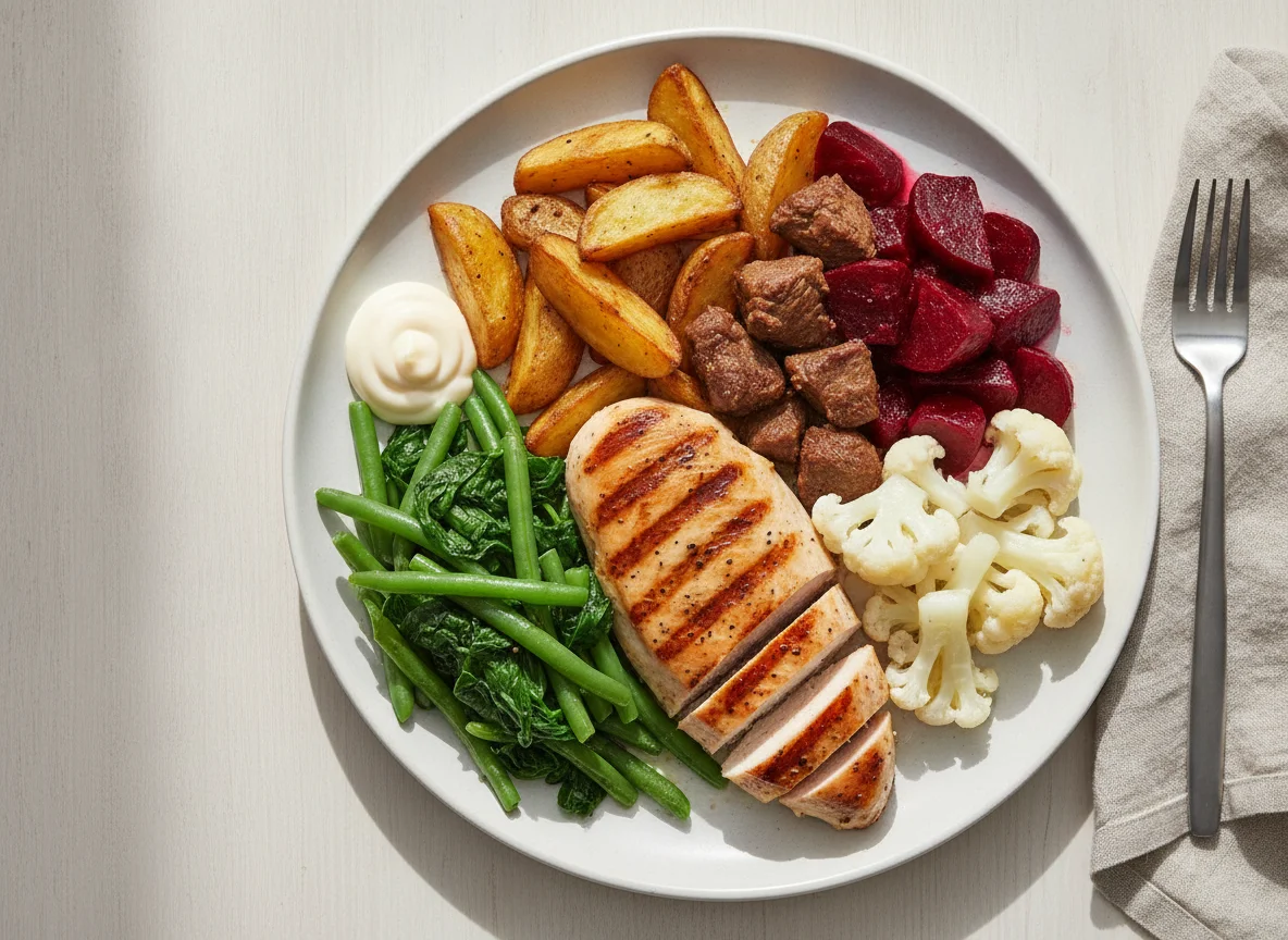 Grilled chicken with roasted potatoes, beetroot, cauliflower and greens photo