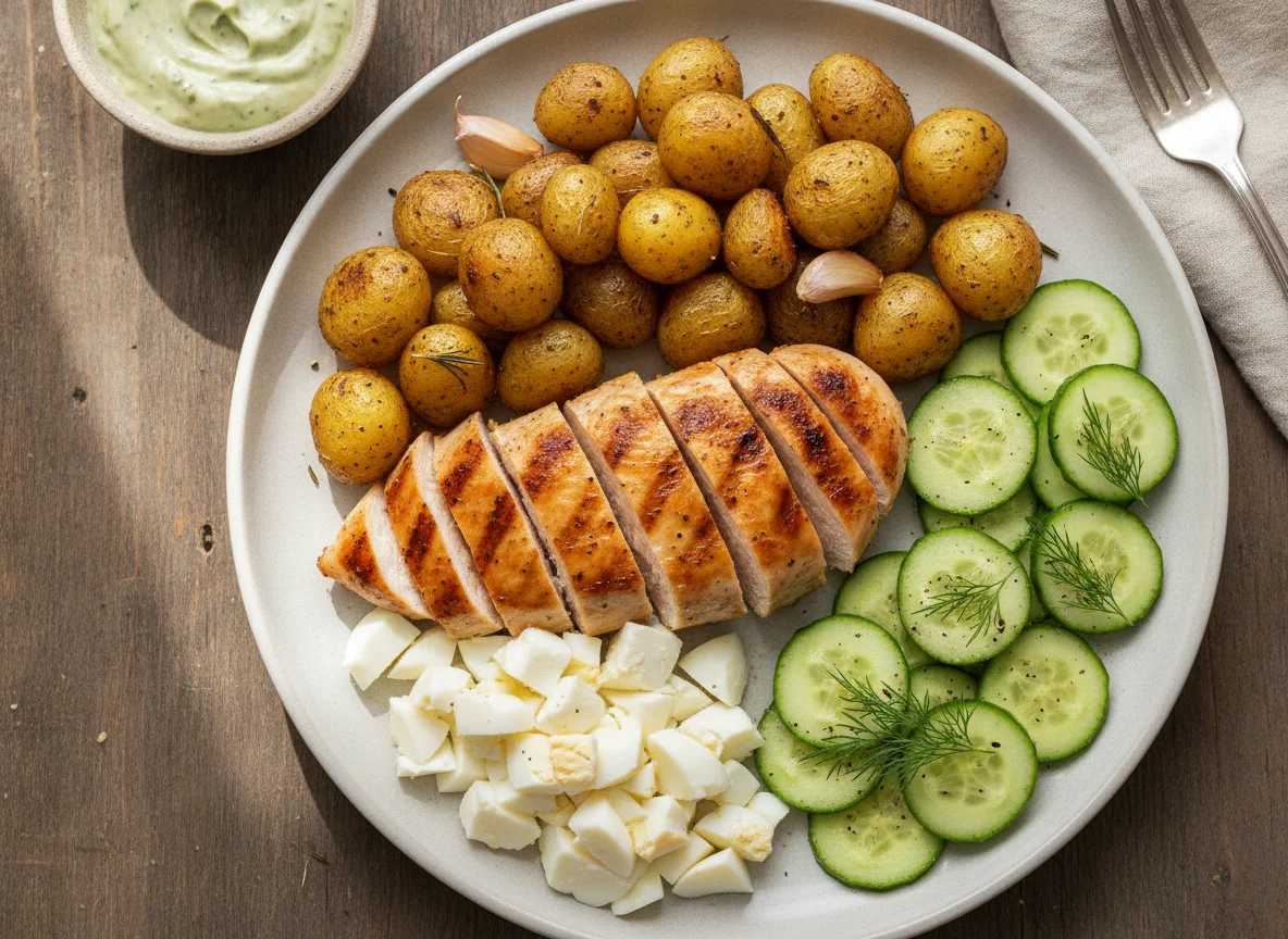 Grilled Chicken with Roasted Potatoes, Egg Whites, and Cucumber photo