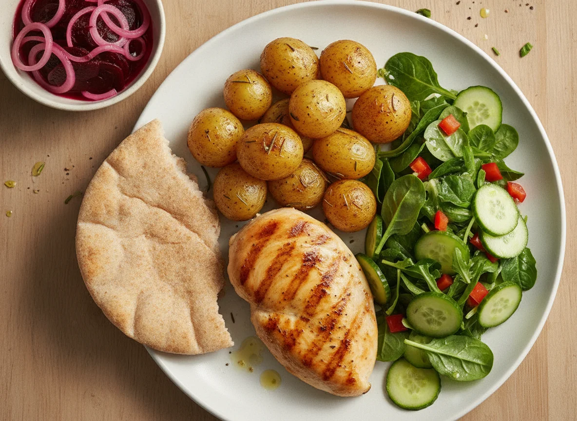 Grilled chicken with roasted potatoes, salad, and wholemeal pitta photo