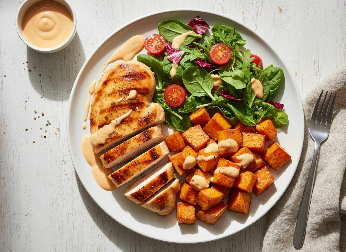 Grilled Chicken with Roasted Sweet Potatoes and Salad photo