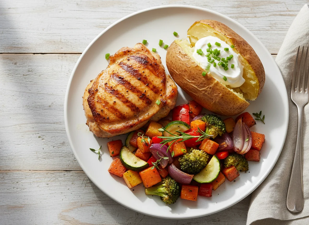 Grilled Chicken with Roasted Vegetables and Baked Potato photo