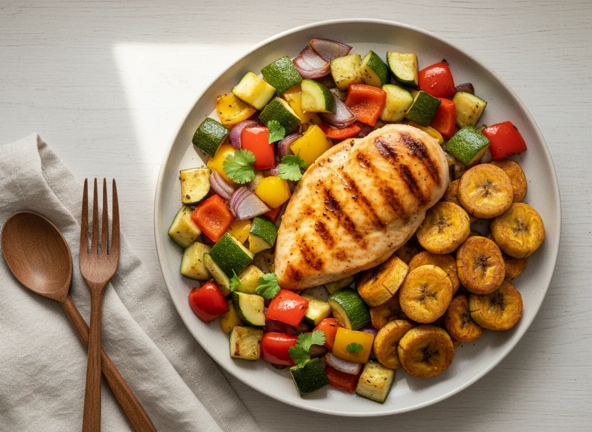 Grilled Chicken with Roasted Vegetables and Plantains photo