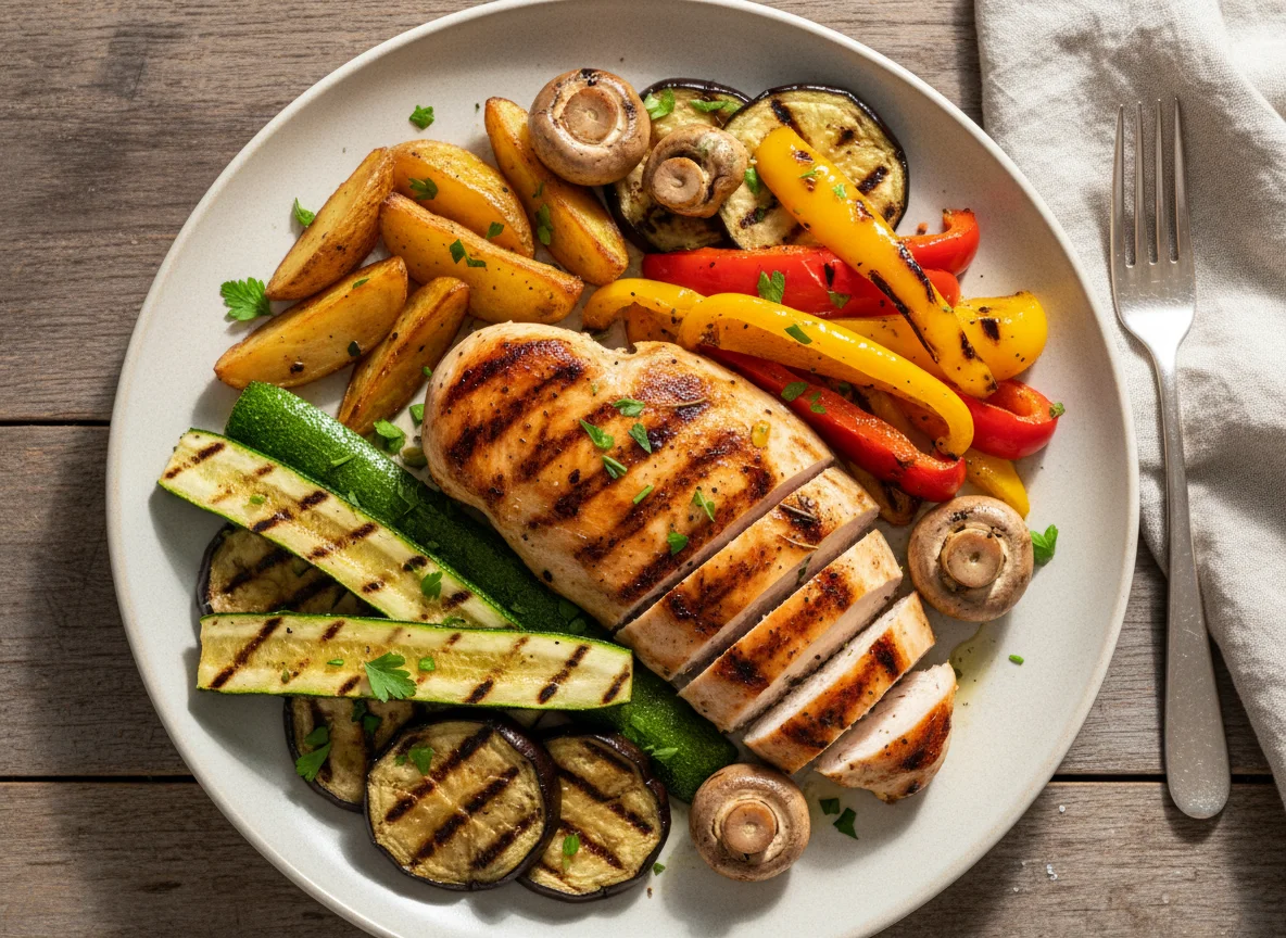 Grilled Chicken with Roasted Vegetables and Potato Wedges photo