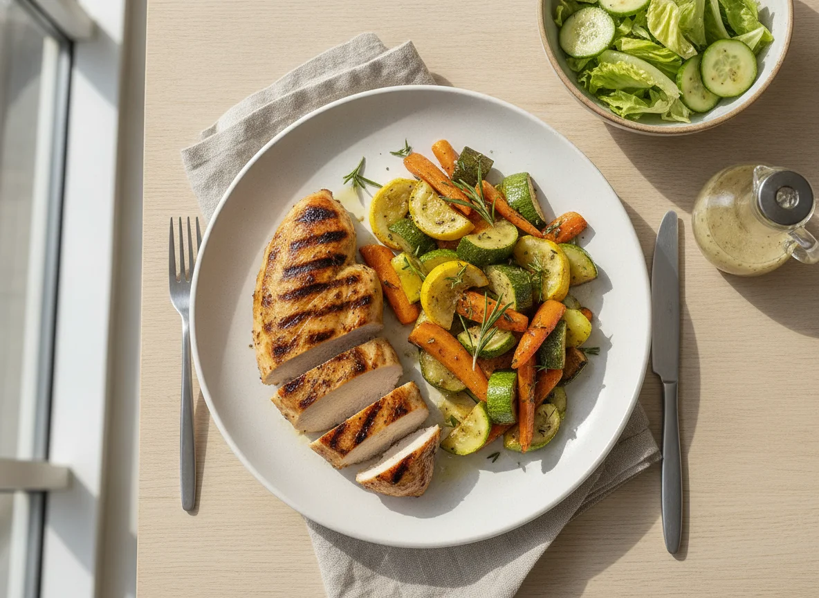 Grilled Chicken with Roasted Vegetables and Side Salad photo