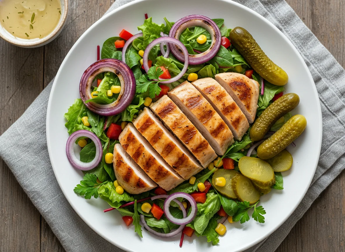 Grilled Chicken with Salad and Pickles photo
