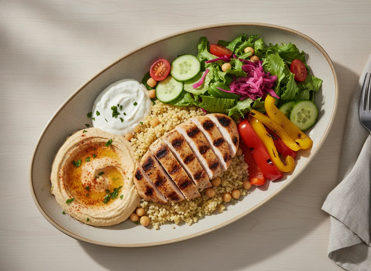 Grilled chicken with salad, chickpeas, and hummus photo