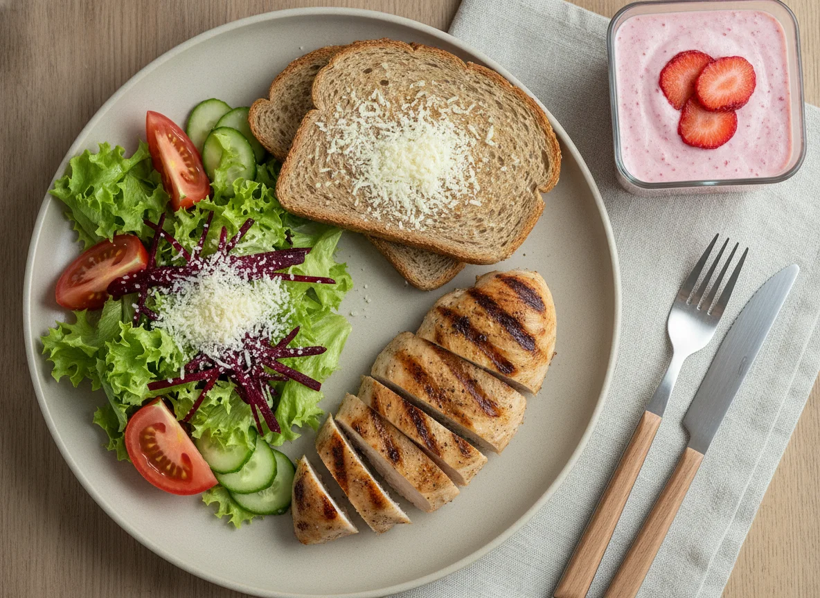 Grilled chicken with salad, whole wheat bread, cheese and protein dessert photo