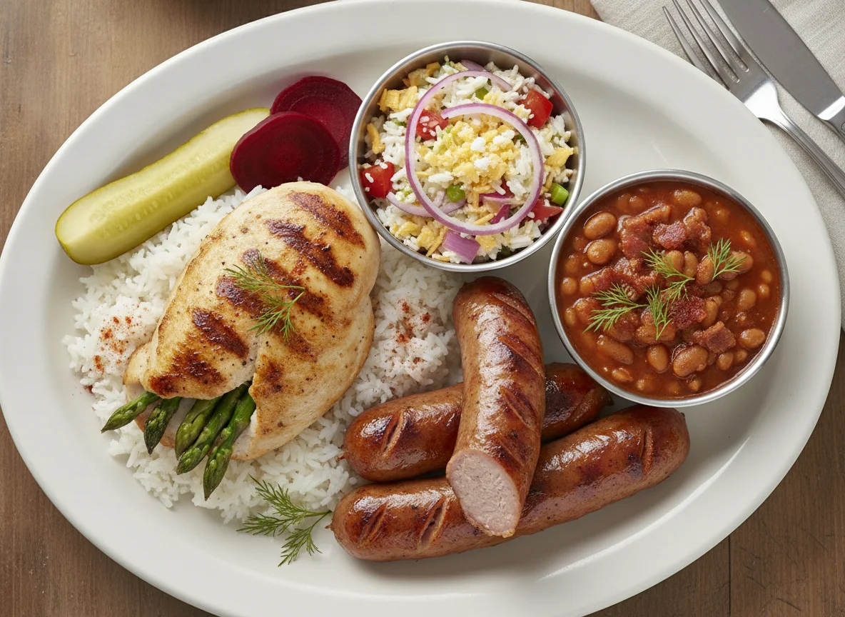 Grilled Chicken with Sausage, Baked Beans, and Rice Salad photo