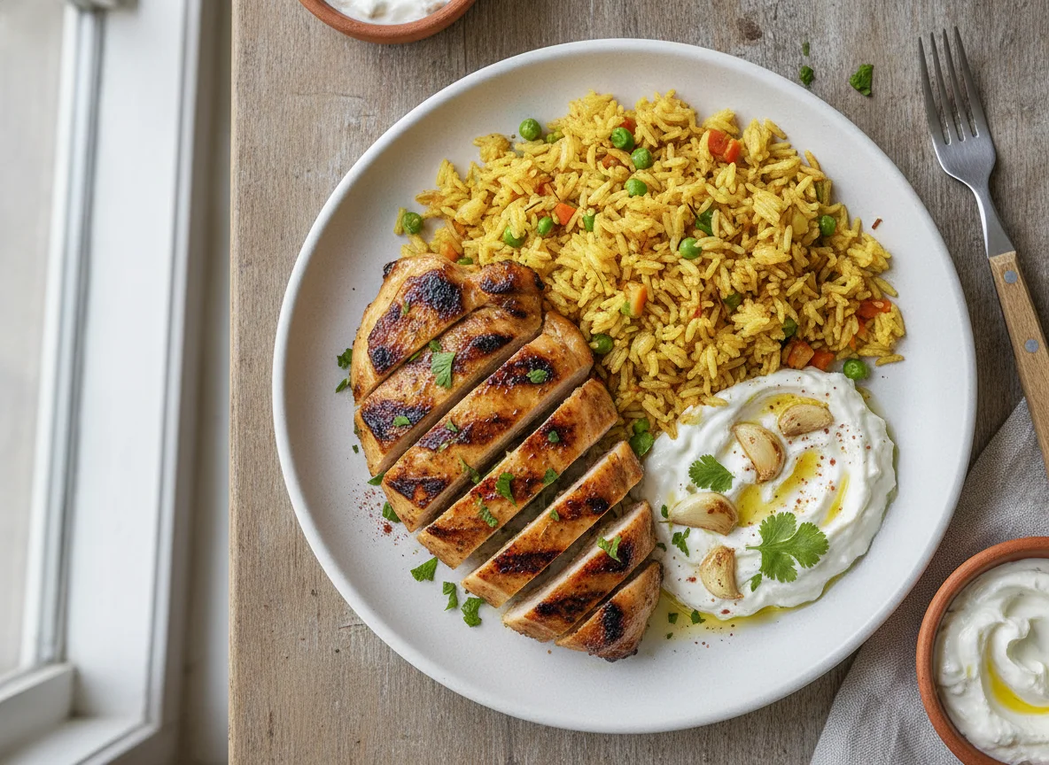 Grilled Chicken with Seasoned Rice and Garlic Sauce photo