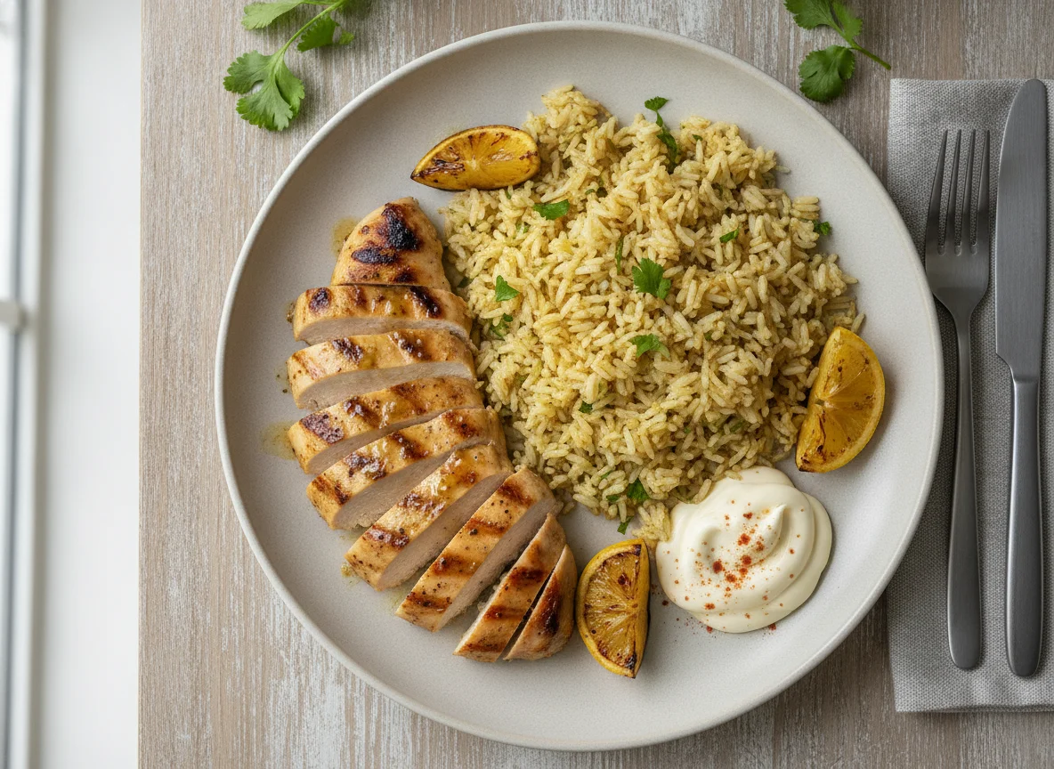 Grilled chicken with seasoned rice and mayonnaise photo
