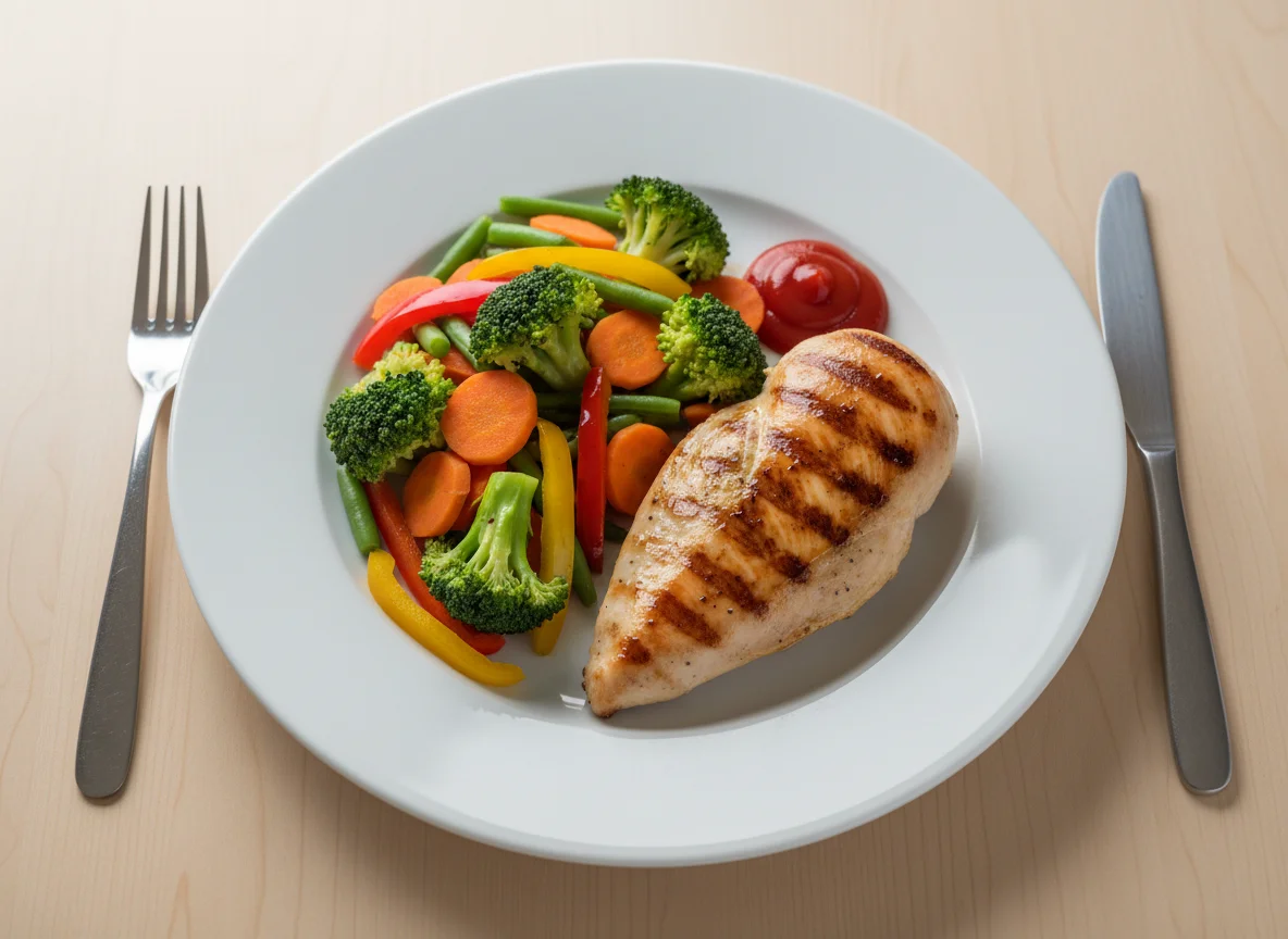 Grilled Chicken with Steamed Vegetables and Ketchup photo
